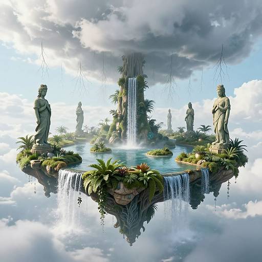 Fantasy island scene with statues, waterfalls, lush greenery, and a reflective pool, surrounded by cloudy sky and hanging vines. Digital art.