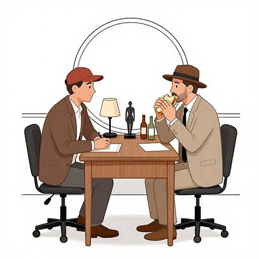 Two Men at a Wooden Desk Scene