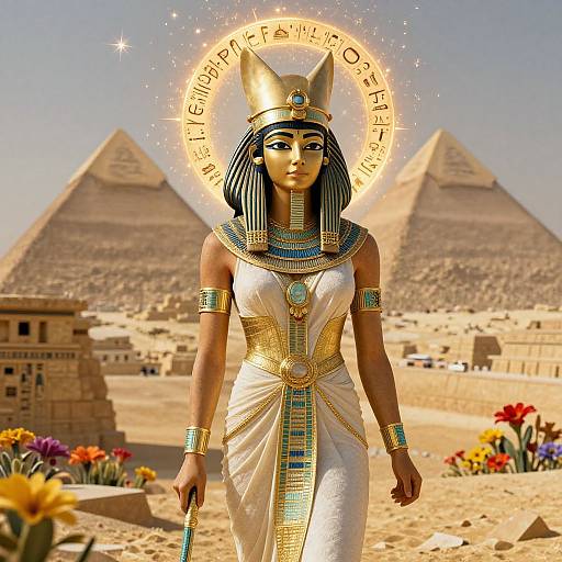 Digital art of an Egyptian goddess with golden jackal head, white dress, blue and gold jewelry, standing before pyramids, glowing halo, colorful flowers