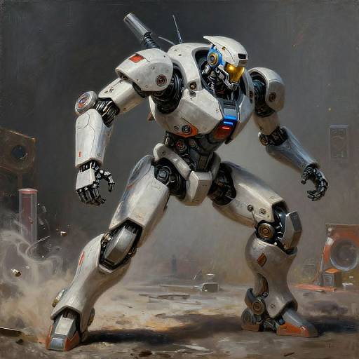 Digital painting of a futuristic, white and silver humanoid robot with black and blue accents, standing in a smoky, industrial environment.