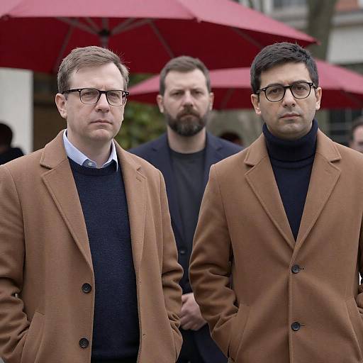 Three Men with Red Umbrellas Outdoors