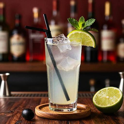Photograph of a refreshing lime cocktail with ice, black straw, and mint, on a wooden coaster, with a halved lime beside it, against