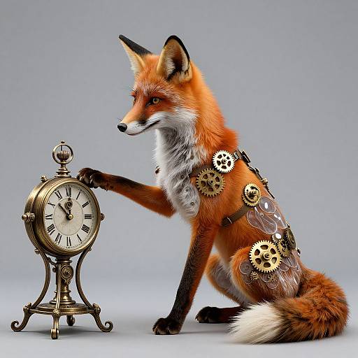 Photorealistic CGI of a fox with mechanical gears on its body, sitting and inspecting an antique clock on a stand.