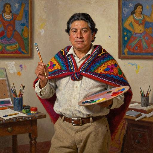 Photograph of an older, middle-eastern man with dark hair, wearing a colorful, woven shawl, holding a paintbrush and palette, standing