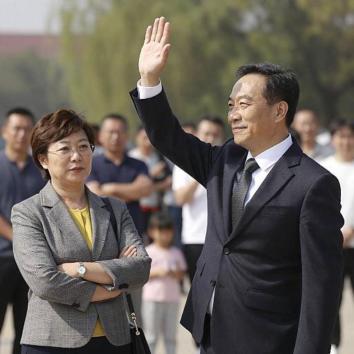 Man Raising Hand Next to Woman in Outdoor Crowd
