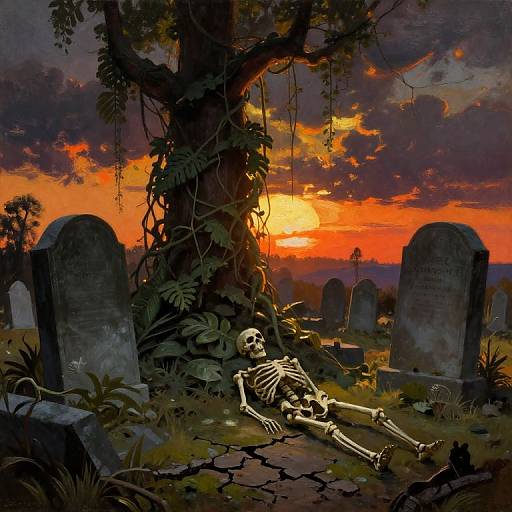 Digital illustration of a skeletal figure reclining at a sunset-lit, overgrown graveyard with twisted trees and eerie tombstones.