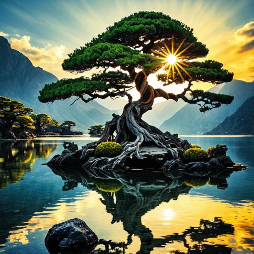 Ancient Bonsai Tree with Radiant Sun in Mountain Lake