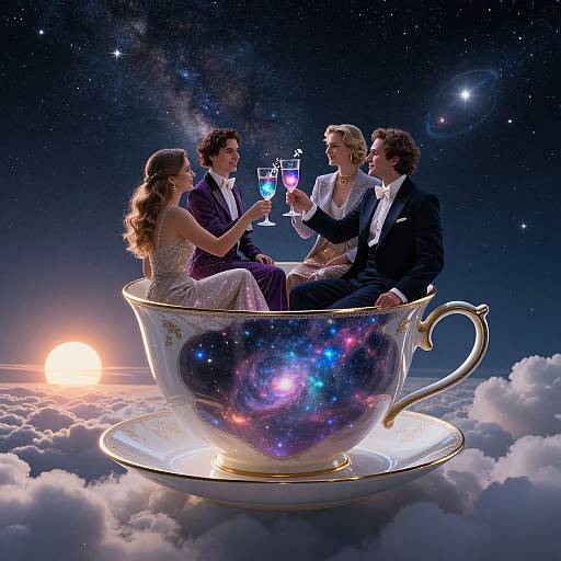 Photographic-style digital art of four elegantly dressed people in a cosmic teacup, sipping cocktails against a starry night sky, floating on