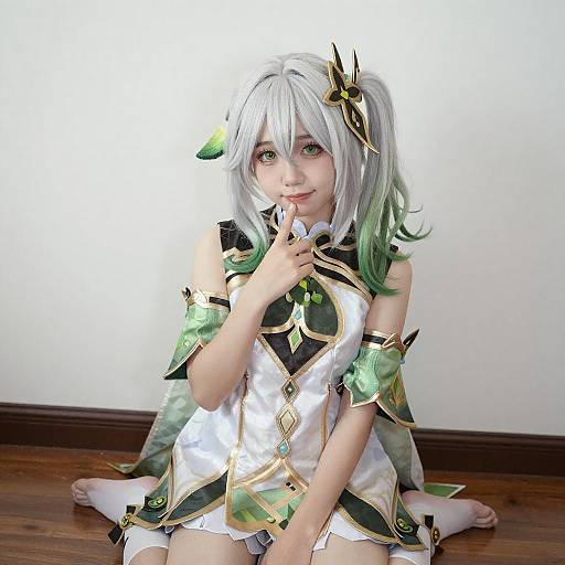 Anime Cosplayer with White and Green Hair