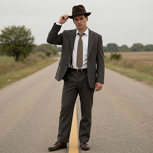 Photograph of a man in a black pinstripe suit, white shirt, brown tie, and black fedora, standing on a deserted road,