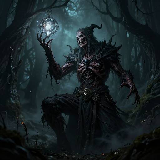 Digital art: Dark forest creature with skeletal face, horned helmet, tattered fur and leather armor, holding glowing orb in gloomy, misty