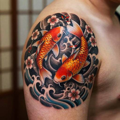 Photograph of a muscular male's right shoulder featuring a vibrant, detailed tattoo of two orange koi fish with black and gray waves, surrounded by cherry