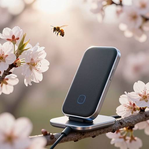 Photograph of a silver smartphone with a black screen, charging on a branch, surrounded by blooming cherry blossoms, with a hovering bee.