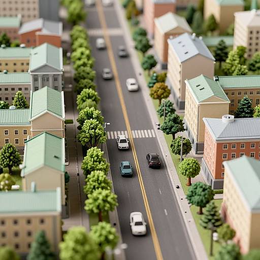 Aerial photograph of a miniature suburban street with colorful houses, green roofs, trees, and cars driving on a two-lane road.