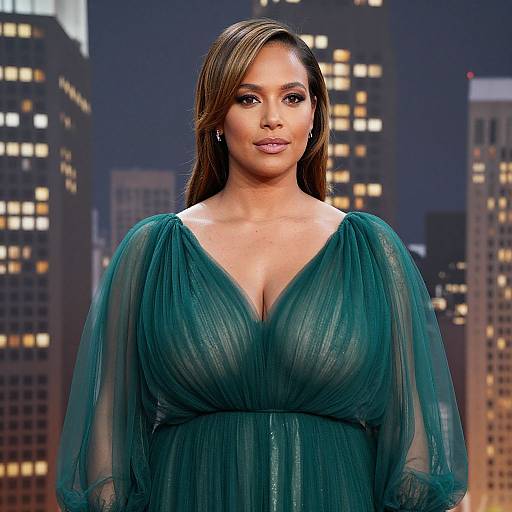 Photograph of a beautiful Latina woman with long brown hair, wearing a teal, sheer, deep V-neck gown, standing in front of a cityscape