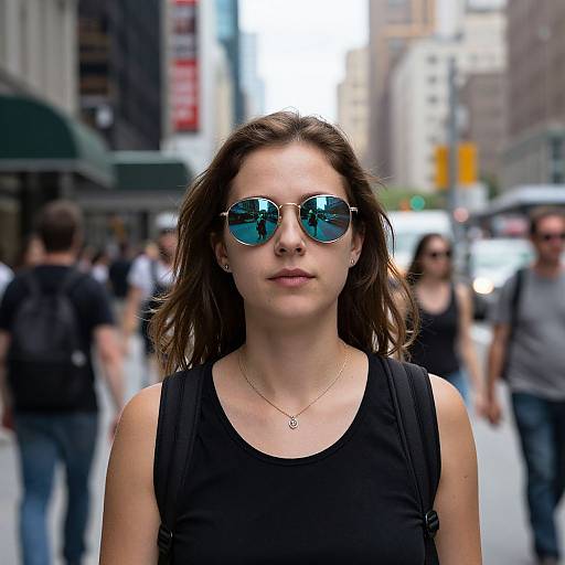 Photograph of a young woman with brown hair, wearing reflective aviator sunglasses, black sleeveless top, and necklace, standing in a busy urban street