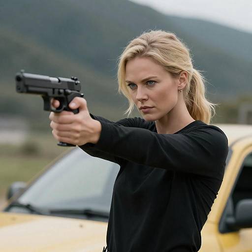 Blonde Woman Aiming Handgun in Mountains