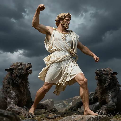 Photorealistic digital art of a muscular, bearded, classical-style man in a white toga, flexing his right arm, standing between two