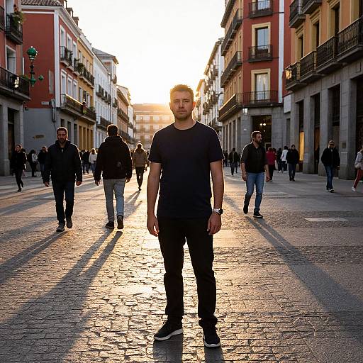 Man in Vibrant Madrid Street Scene