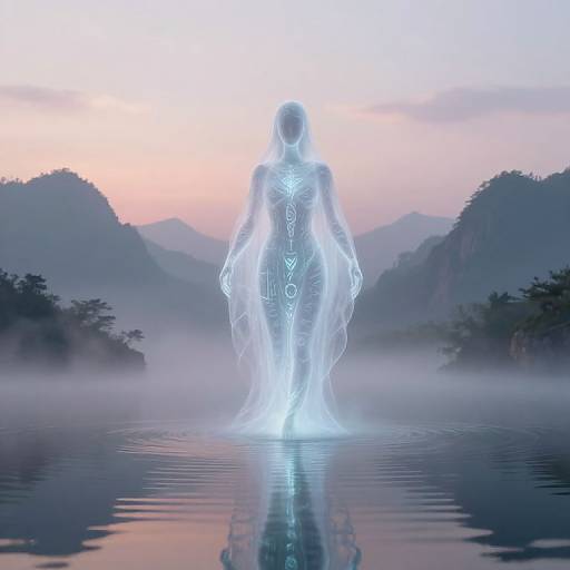 Digital CGI image of a glowing, ethereal, blue humanoid figure with luminous body lines standing in a misty, mountainous lake at sunset.