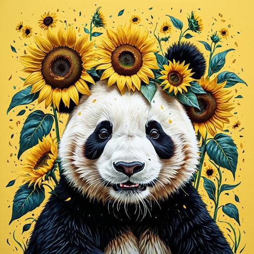 Whimsical Joyful Panda Portrait with Sunflowers