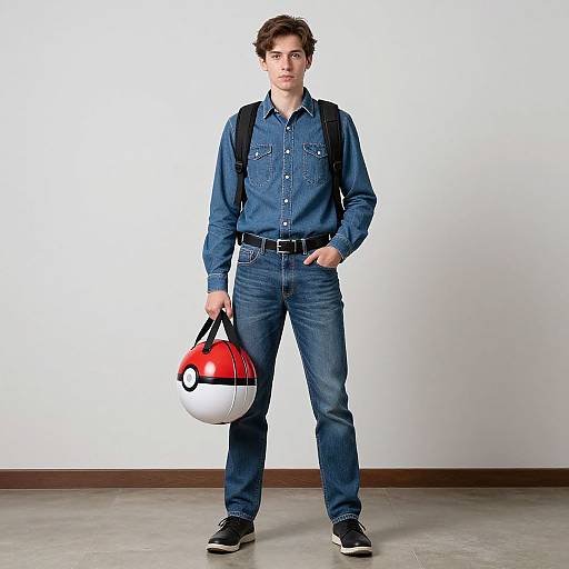 Photograph of a young man with short brown hair, wearing a blue denim shirt and jeans, black shoes, and backpack, holding a Poké Ball