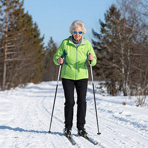 Photograph of an elderly woman with gray hair, wearing a neon green jacket, black pants, sunglasses, and holding ski poles, skiing on a snow
