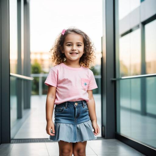Smiling Toddler Girl in Pink T-shirt and Denim Skirt
