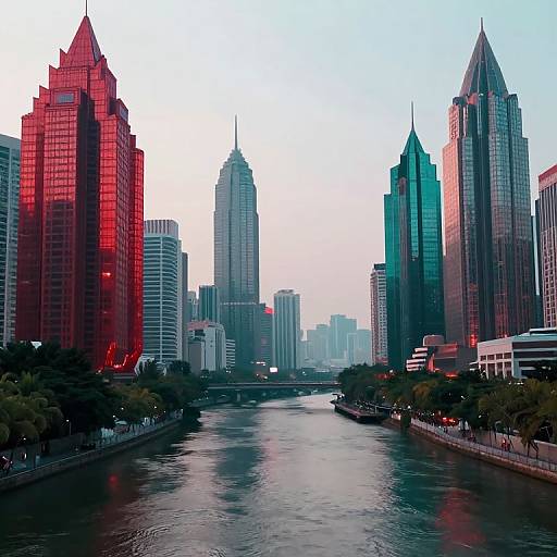 Photograph of a city skyline at sunset, featuring red and green glass skyscrapers, a reflective river, and trees along the waterfront.
