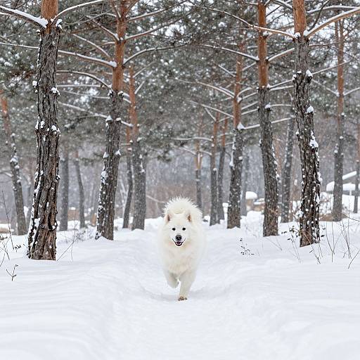 Photograph of a fluffy white dog running through a snowy pine forest, with tall trees and falling snowflakes in the background.