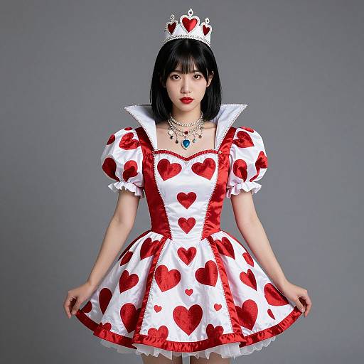 Photograph of an Asian woman in a white, red heart-patterned, puffed-sleeve dress with a red heart-trimmed collar,