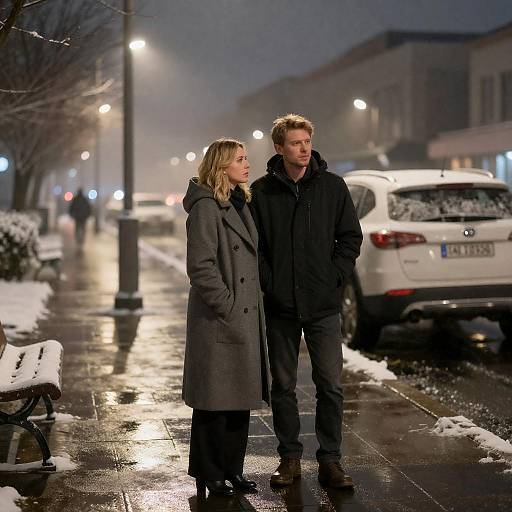 Snowy Night Couple on Illuminated Sidewalk