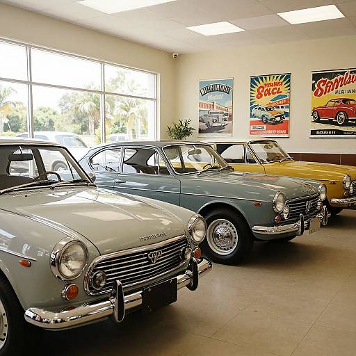 Photograph of a vintage car showroom with three classic cars (gray, blue, yellow) under bright fluorescent lights, featuring retro car posters on the cream