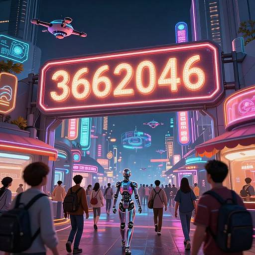 Neon-lit futuristic city street at night, crowded with pedestrians. Central figure: sleek, robotic humanoid. Bright 