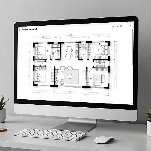 Photograph of a sleek, modern desk with an iMac displaying a 2D house floor plan in black and white on a white background. Includes
