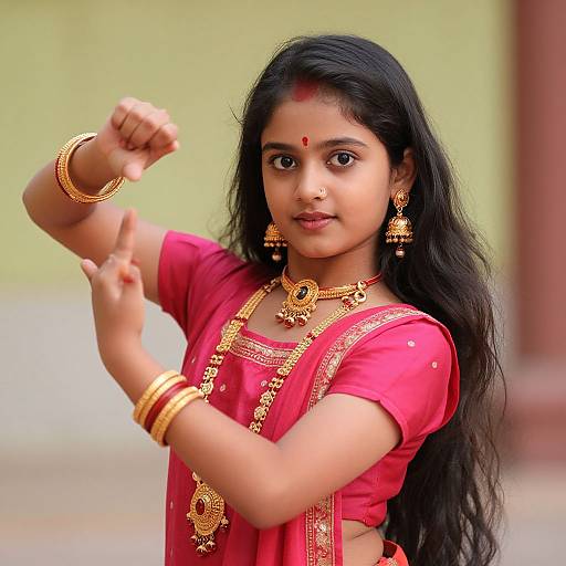 Photograph of a young Indian girl with long black hair, wearing a red traditional dress, gold jewelry, and a red bindi, posing with one