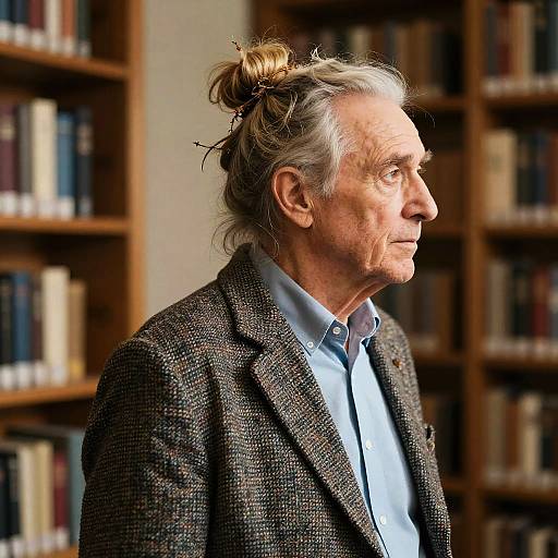 Photograph of an elderly white man with gray hair in a messy bun, wearing a brown herringbone blazer and light blue shirt, standing in