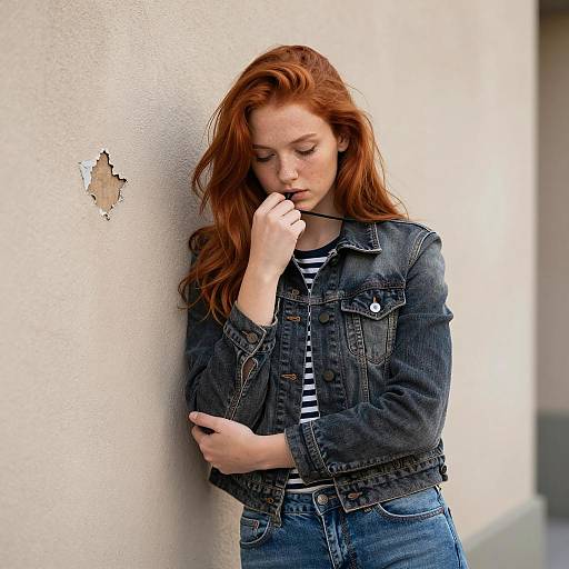 Red-Haired Woman Against Beige Wall
