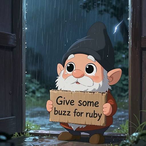 Cute Frightened Gnome in Rainy Night