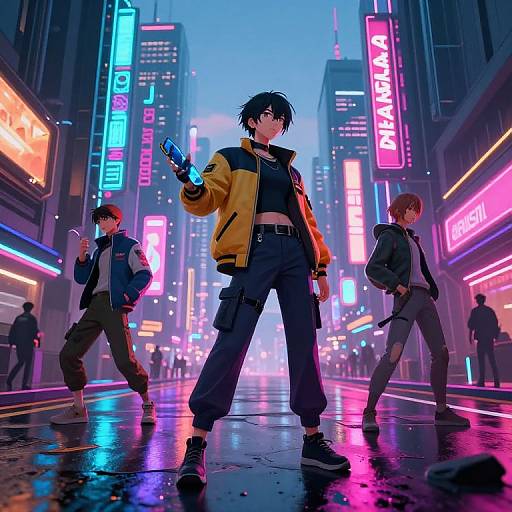 Neon-lit cyberpunk street scene: three young men with edgy fashion, one holding a glowing device, surrounded by vibrant neon signs and reflective
