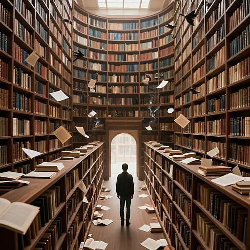 Photograph of a grand, dimly lit library with towering shelves of books, papers flying, and a lone figure walking toward an arched doorway bath