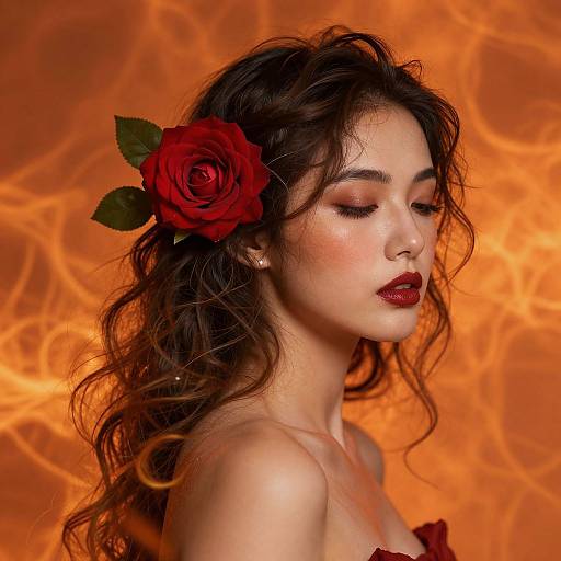 Photograph of a beautiful woman with wavy brown hair, red rose in hair, closed eyes, red lipstick, against fiery orange background.