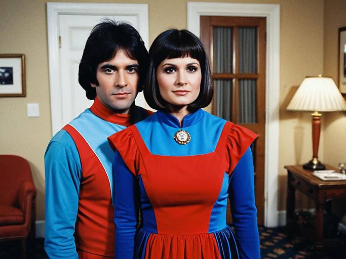 Photorealistic digital image of a young couple in colorful superhero costumes, standing in a warmly lit, carpeted room with a lamp and framed picture.
