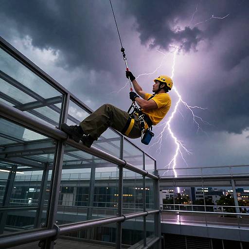 Grappling Courier in Stormy Transit Hub