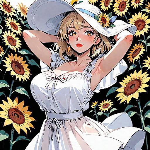 Blonde Girl in Sunflower Field at Sunset