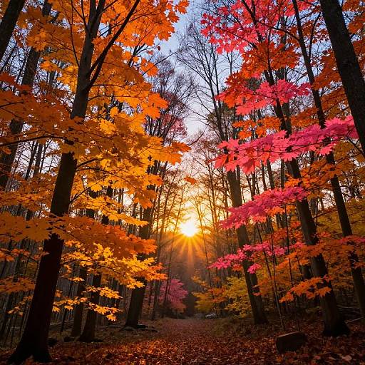 Photograph of a forest at sunset, with vibrant orange, red, and pink autumn leaves, tall black trees, and sunlight streaming through.