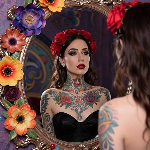 Tattooed woman with red flower crown, black strapless dress, stares at mirror surrounded by vibrant orange and purple flowers. Photograph.