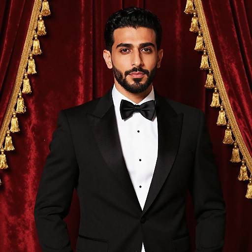 Photorealistic digital portrait of a handsome bearded man with dark hair, wearing a black tuxedo, black bow tie, and white shirt,