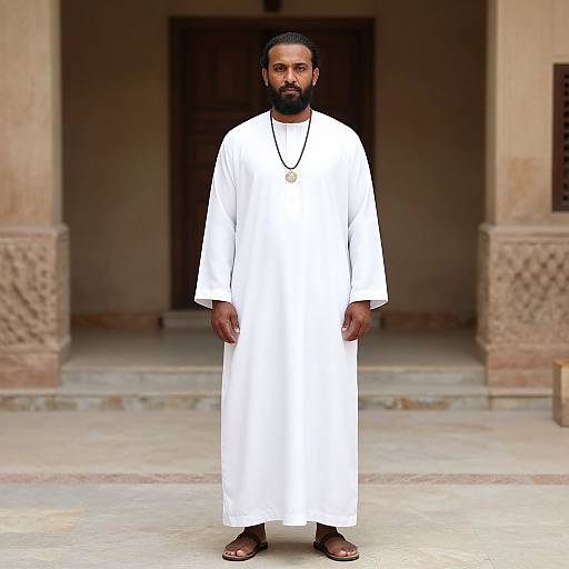 Photograph of a bearded Black man in white traditional Islamic robe (thobe), black sandals, standing in a stone archway.