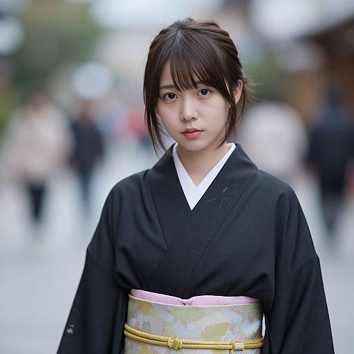 Photograph of a young Asian woman with fair skin, black hair in a simple updo, wearing a black kimono with a white collar and pink